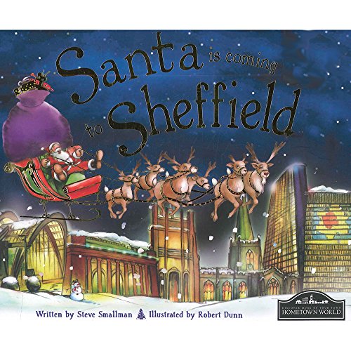 Santa and reindeer fly over a brightly lit cityscape of Sheffield.