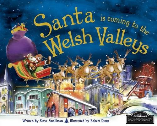 Santa and reindeer fly over a Welsh town at night.
