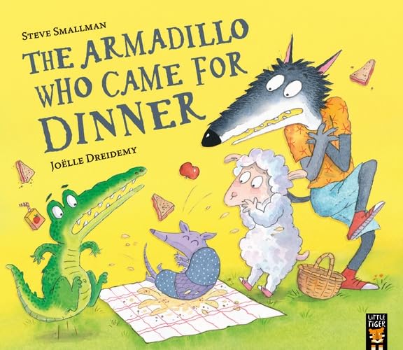 A wolf, sheep, crocodile, and armadillo on a yellow book cover with food items.