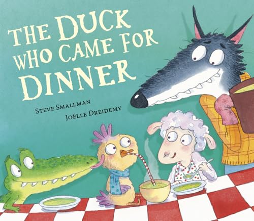 Book cover: wolf, duck, alligator, and sheep at a dinner table.