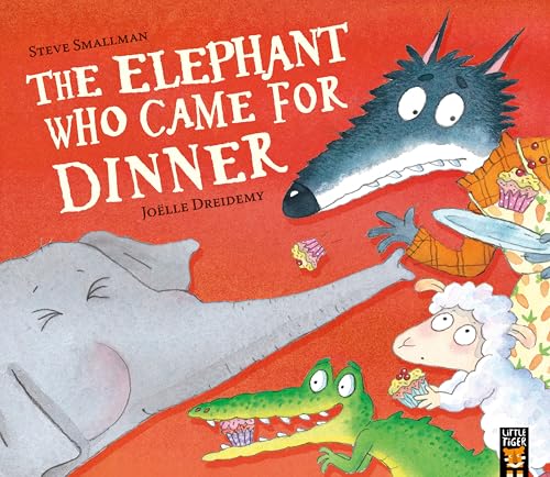 Book cover: elephant, wolf, crocodile, sheep, and cupcakes on red background.