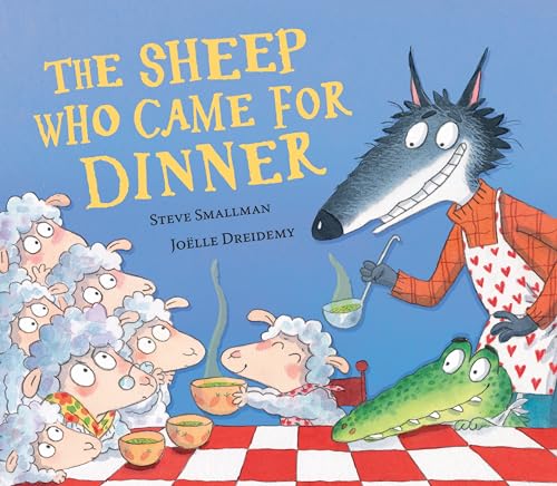 Wolf cooks for sheep and alligator at a checkered table.