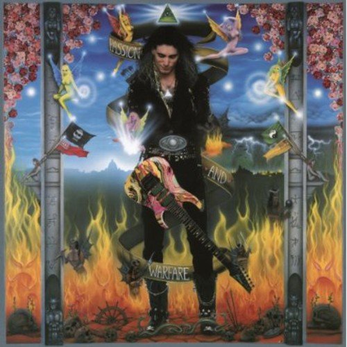 Steve Vai stands holding a swirl-patterned guitar amidst surreal imagery of fire and fairies.