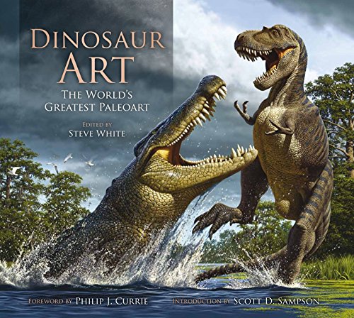 Book cover: Tyrannosaurus Rex fighting a crocodile in water.