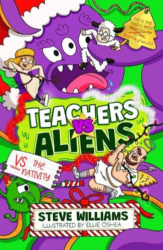 Cartoon book cover depicting teachers, aliens, and a nativity scene battle.