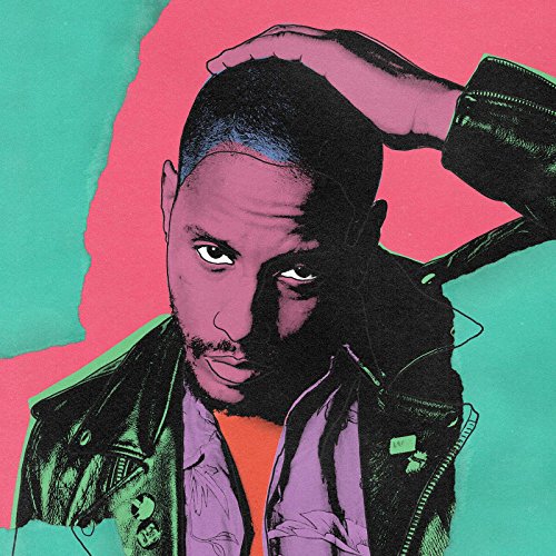 Stylized portrait of a man in a leather jacket against pink and teal background.