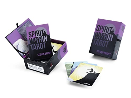 Purple tarot card deck box with cards fanned out, titled "Spirit Within Tarot".