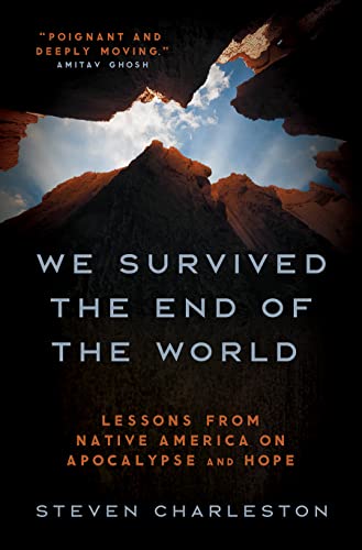 Book cover with a mountain landscape and title: “We Survived the End of the World.”