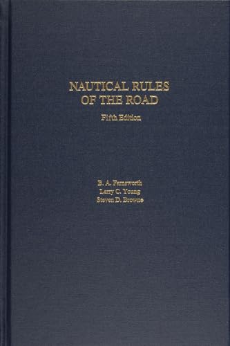 Dark blue book cover with gold text: "Nautical Rules of the Road," fifth edition.