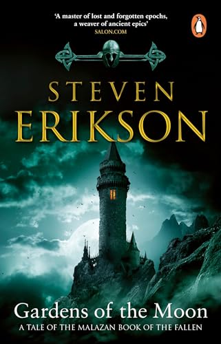 Book cover: dark fantasy landscape with a tall, stone tower under a moon.