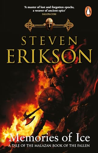 Book cover: “Memories of Ice” by Steven Erikson, with warrior illustration.