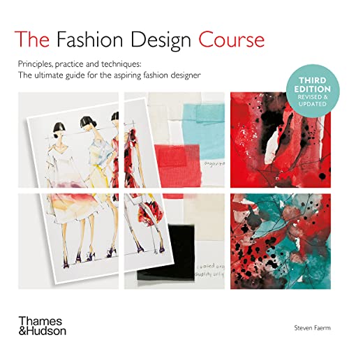 Book cover titled The Fashion Design Course featuring fashion sketches, fabric swatches, and abstract art.