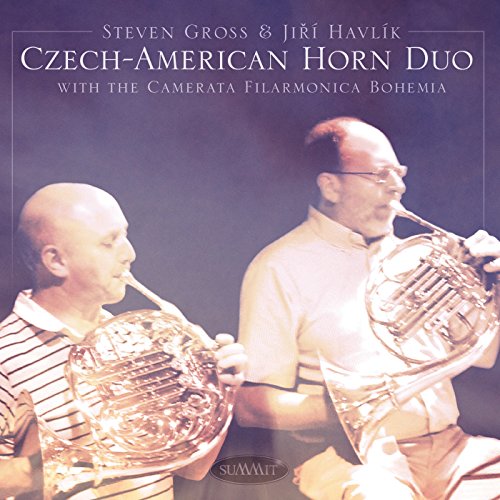 Two musicians playing French horns on a CD cover.