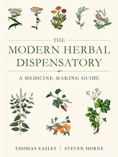 Book cover titled The Modern Herbal Dispensatory with botanical illustrations on a cream background.