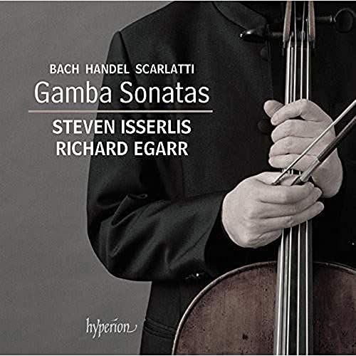 Black and white CD cover showing a person holding a cello, with text about Gamba Sonatas.