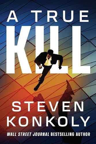 Book cover: man in suit running, angled geometric background.