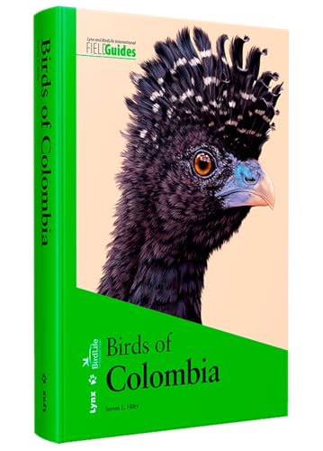 Hardcover book titled Birds of Colombia featuring a portrait of a crested black bird.