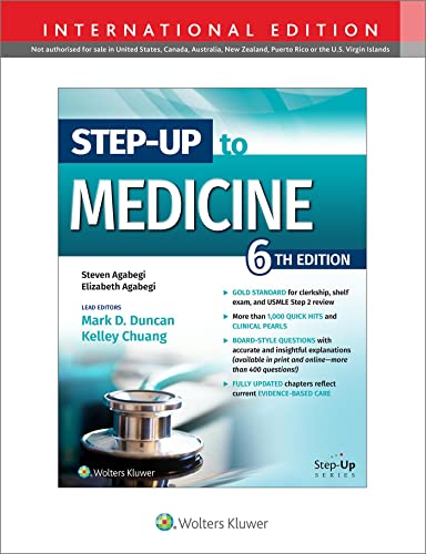 Blue and white "Step-Up to Medicine" textbook, 6th edition, with stethoscope.
