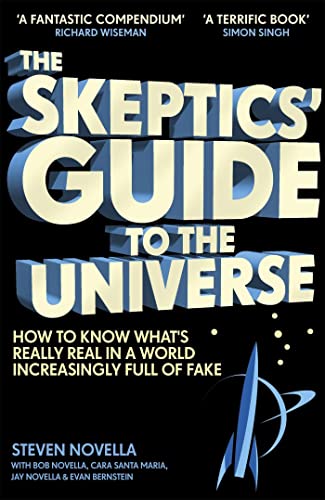 Book cover: "The Skeptics' Guide to the Universe" with a rocket illustration.