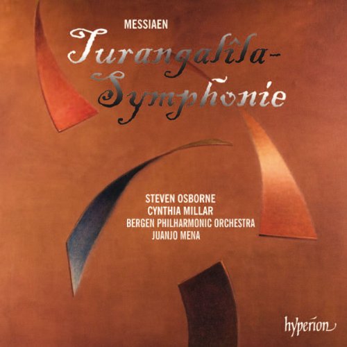 CD cover for Messiaen’s Turangalîla-Symphonie, featuring abstract orange and blue shapes.