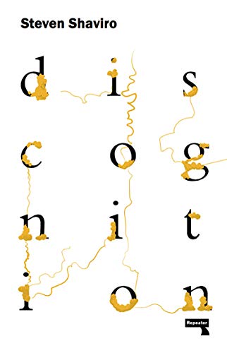 Book cover for "Discognition" by Steven Shaviro, with abstract yellow lettering.