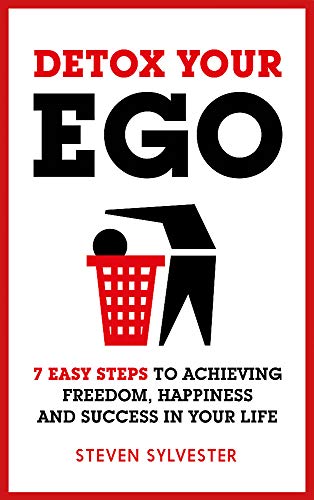 Book cover: "Detox Your Ego" with a figure discarding an ego into a trashcan.