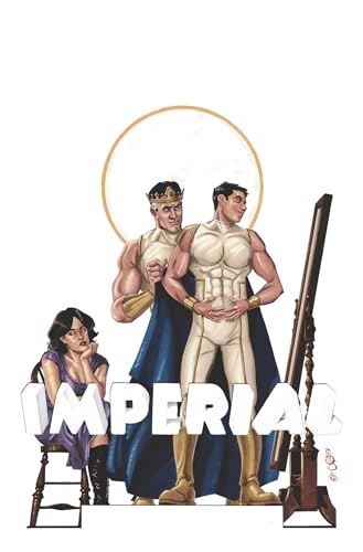 A king in a crown adjusts a superhero's cape while a woman watches nearby.