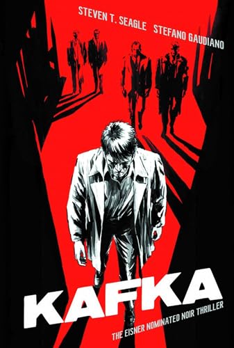 Black and white graphic novel cover with figures in suits, red background.