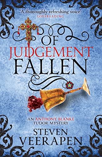 Book cover: "Of Judgement Fallen" with a crucifix, chalice, and blood drops.