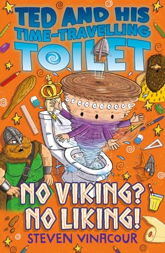 Book cover: boy falling into a toilet with a Viking and debris.