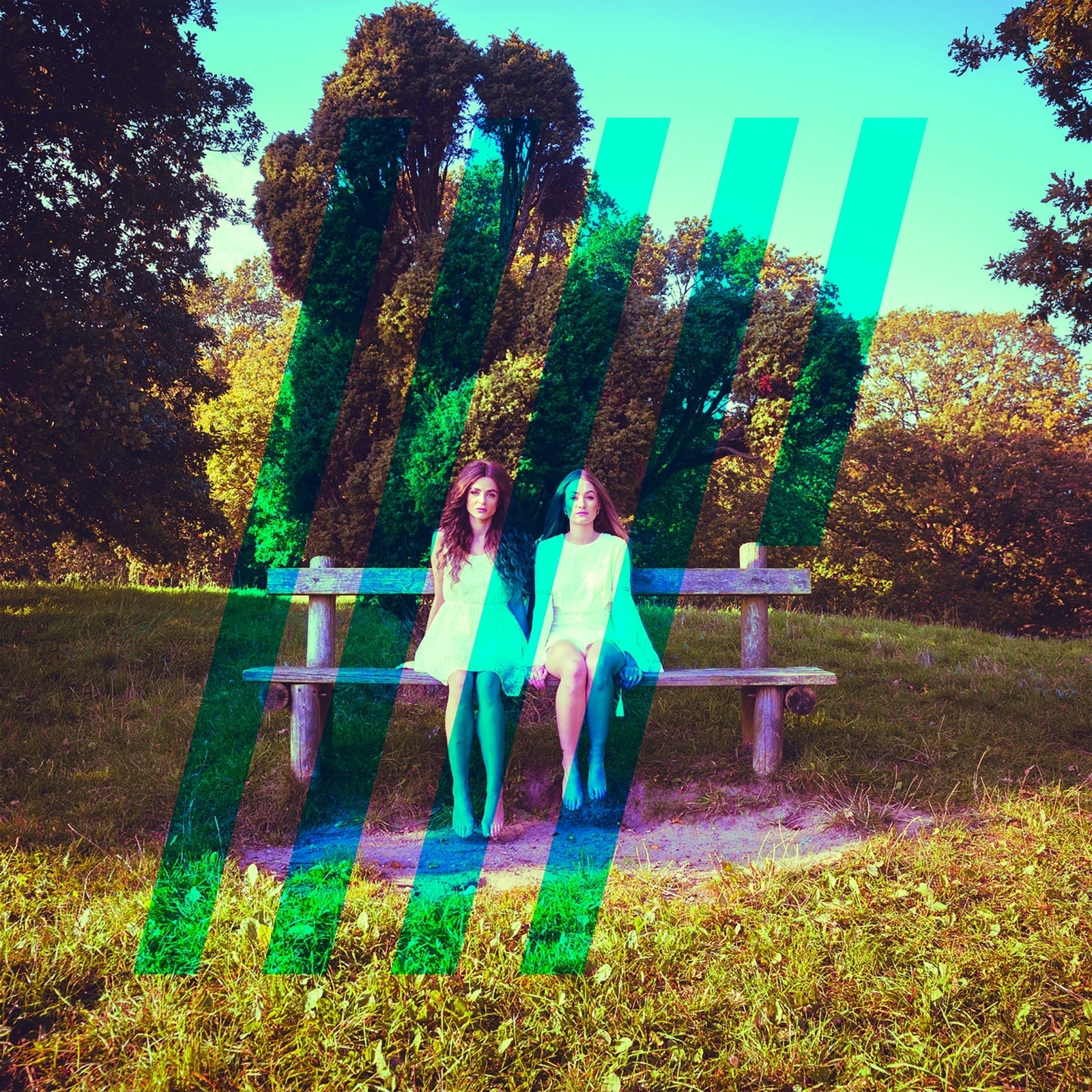 Two girls on a park bench with glitching, colorful vertical lines.