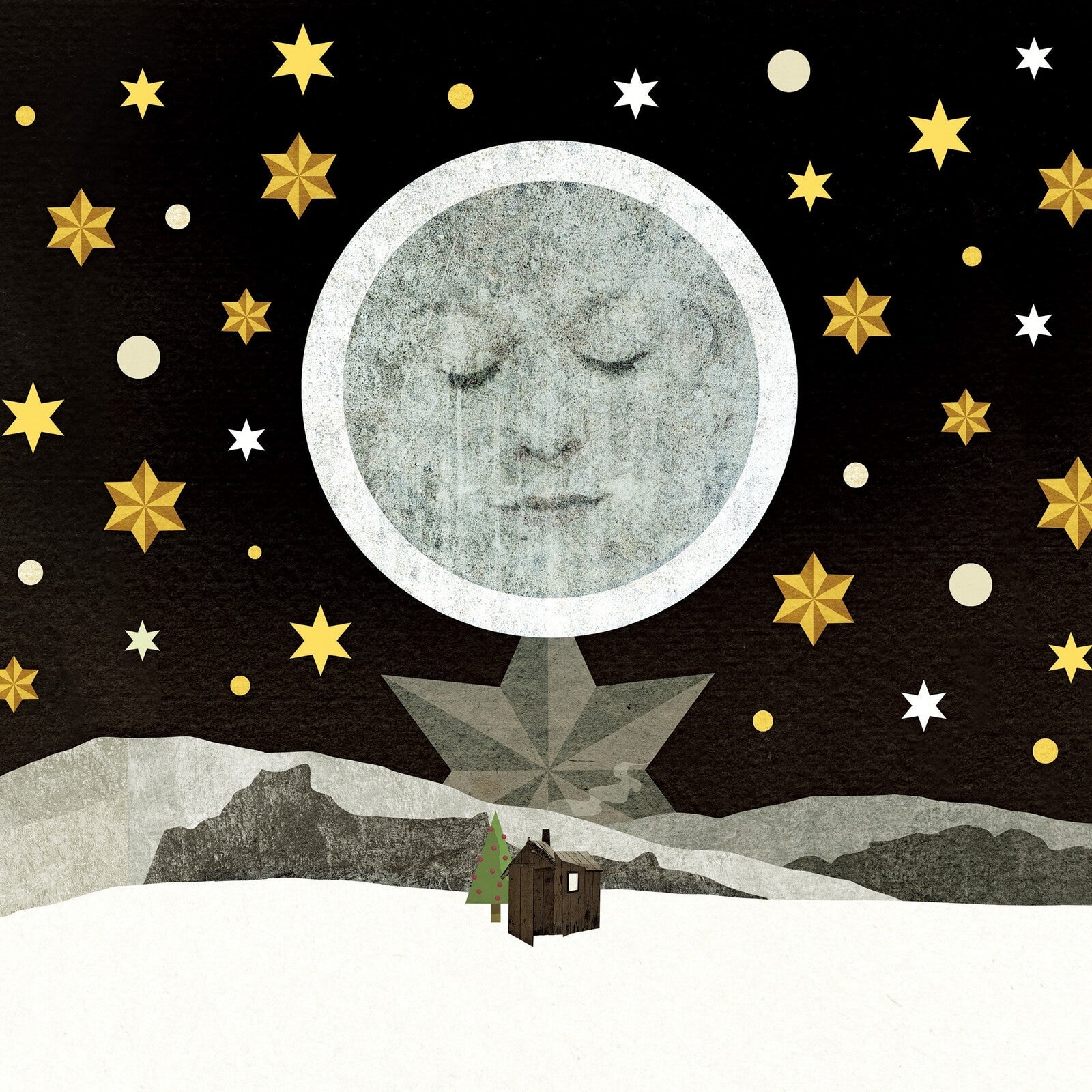Collage of a moon with a face, snowy landscape, and gold stars.