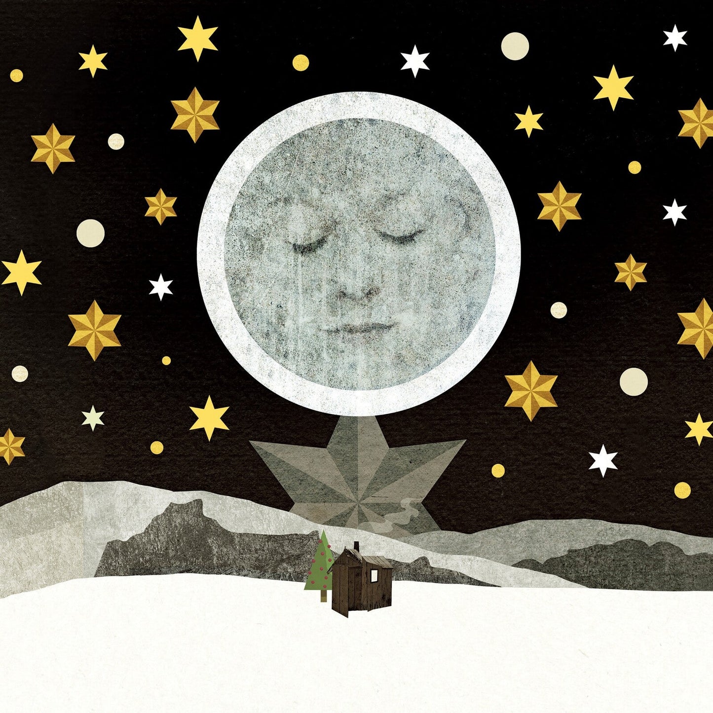 Album cover with a moon-face, snowy landscape, and golden stars.
