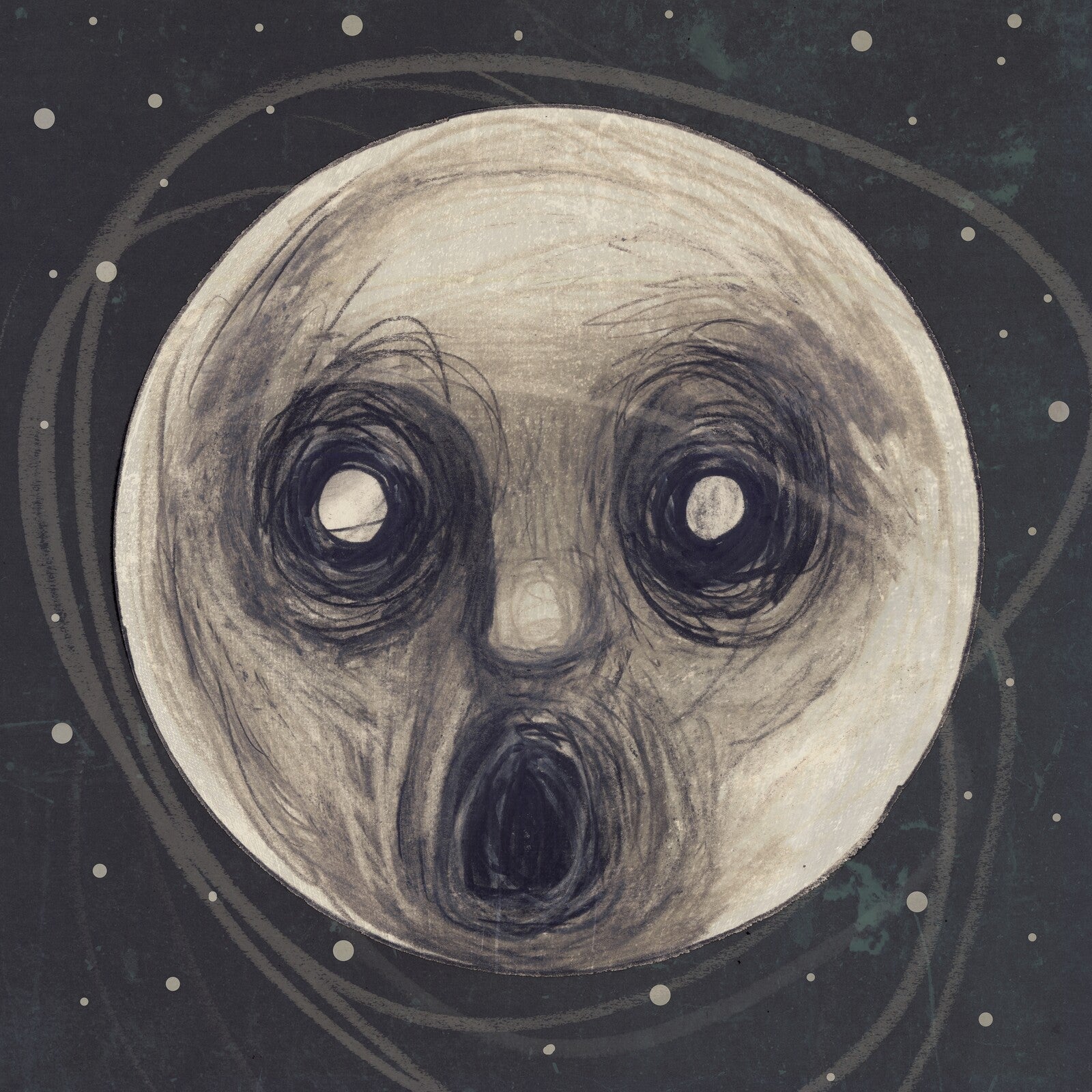 A charcoal-style drawing of a pale, ghostly, screaming face against a dark, starry background.