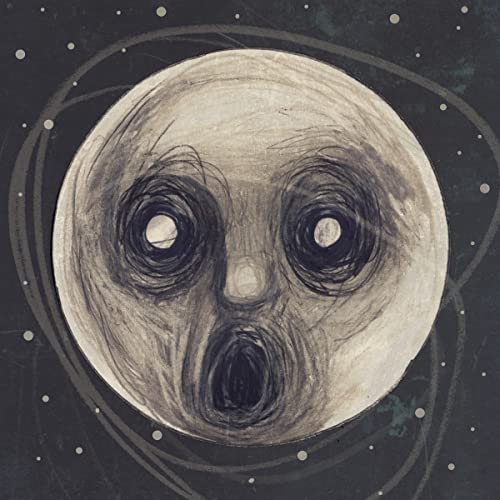 A charcoal-style drawing of a pale, screaming face against a dark, starry background.