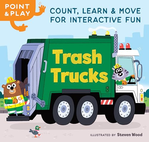 Green trash truck with animal characters, illustrated children’s book cover.