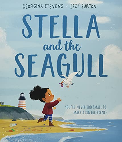 A girl on a beach watches a seagull carrying a piece of plastic trash.