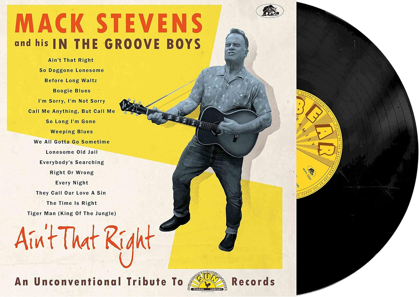 Vinyl record cover featuring Mack Stevens playing guitar in orange and brown.