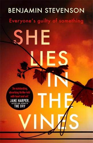 Book cover: "She Lies in the Vines" with vines and orange sky.