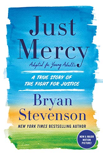 Book cover for “Just Mercy” with blue watercolor wash and author’s name.