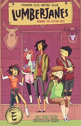 Five diverse young women standing in front of a wooden cabin with animal trophies.