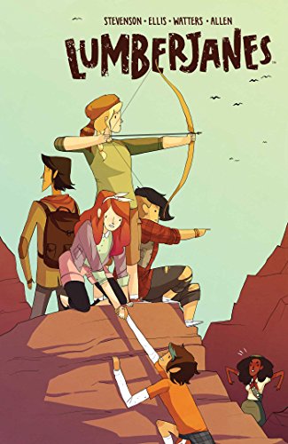 Graphic novel cover showing five diverse girls hiking and climbing a rocky cliff.