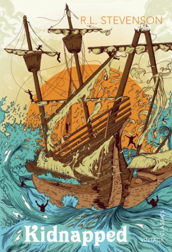 Illustration of a sailing ship in a storm with figures climbing the rigging.