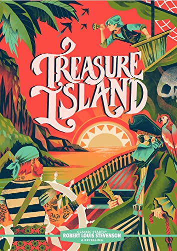 Book cover for "Treasure Island" featuring pirates, a ship, and a skull.
