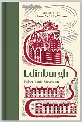 Book cover with red ink illustration of Edinburgh cityscapes, a person walking, and text.