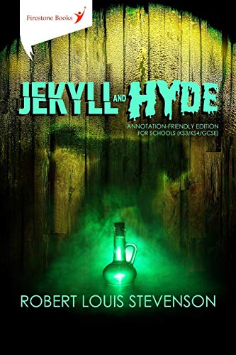 Book cover for “Jekyll and Hyde” with a glowing bottle and dark wood.