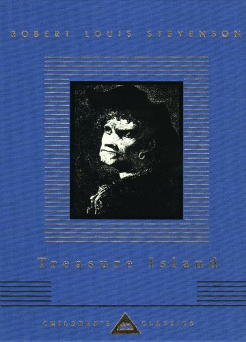Blue book cover with portrait of a man in a hat, “Treasure Island.”