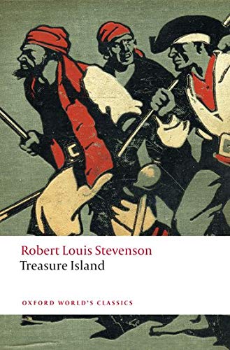 Book cover for Treasure Island featuring a woodcut illustration of three pirates.