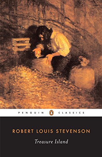 Book cover: "Treasure Island" depicts a man and coins in a cave.