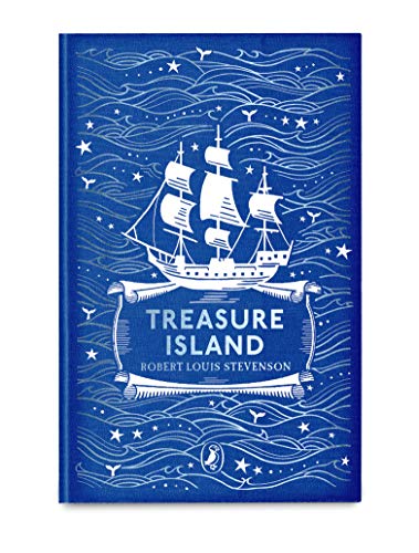 Blue clothbound book cover featuring a sailing ship and title "Treasure Island".